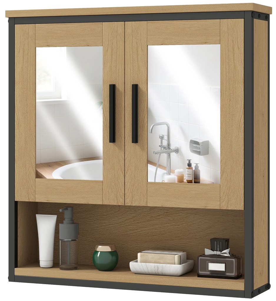 HOMCOM Dulap cu oglindă pentru baie, mobilier baie cu compartiment deschis și raft reglabil, stejar | Aosom Romania
