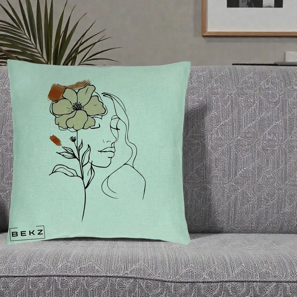Perna Decorativa Portret Feminin Floare Bej Terracotta, 40x40 cm, Verde Menta, Husa Detasabila, Perna Inclusa, BEKZ®