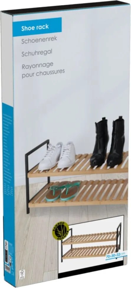 Suport pentru încălțăminte – Storage Solutions | 2 rafturi, lemn & metal, 70x30x32 cm, negru/maro