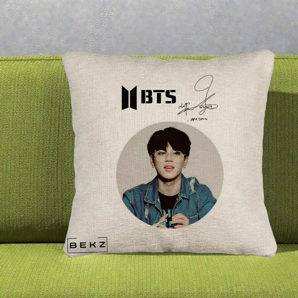 Perna Personalizata K-pop BTS Jimin Portret Cerc Autograf Geaca, 40x40 cm, Bej Canapea, Husa Detasabila, Perna Inclusa, BEKZ®