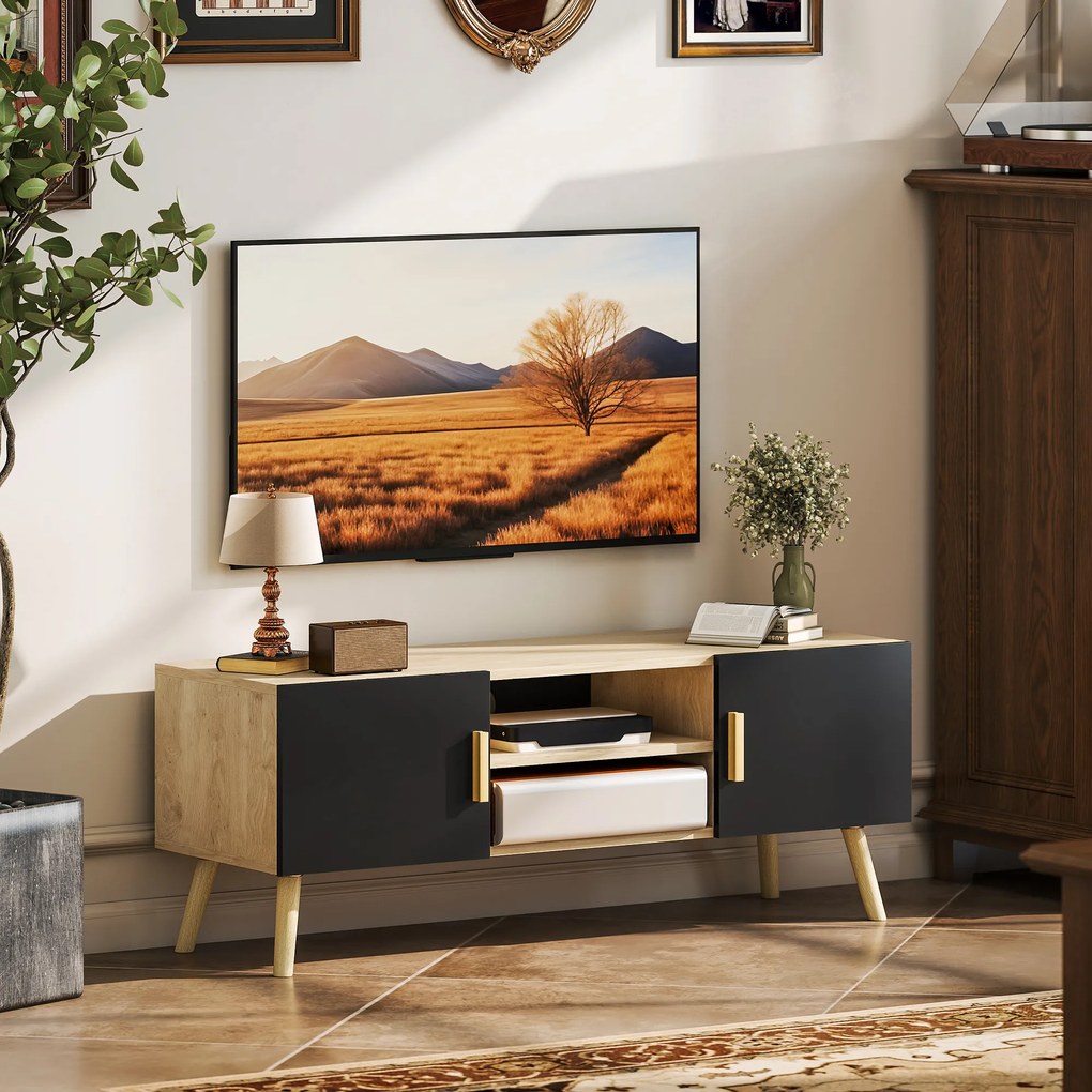 HOMCOM Suport TV din lemn până la 127 cm cu rafturi, 2 dulapuri și treceri pentru cabluri, stejar | Aosom Romania