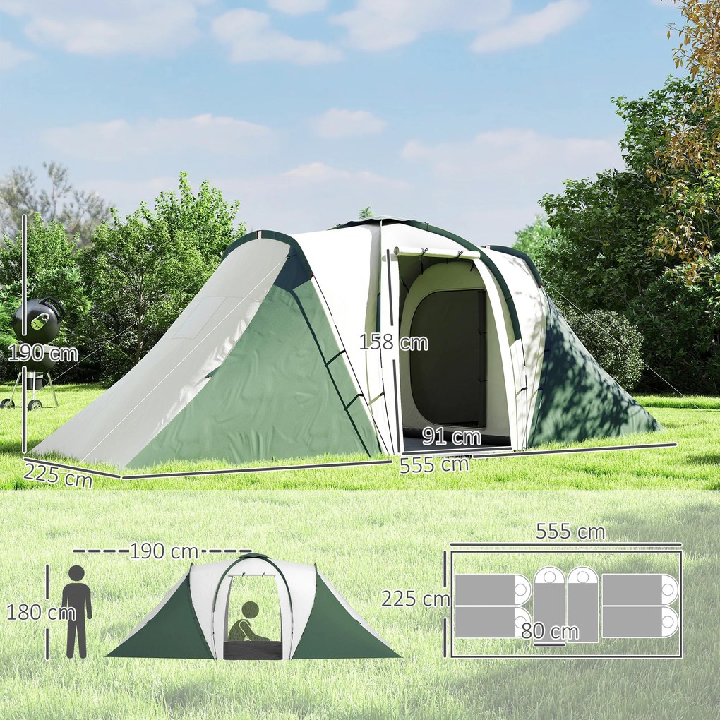 Outsunny Cort de Camping pentru 4-6 Persoane cu 2 Camere, 2 Uși și Geantă de Transport, 555x225x190 cm, Verde | Aosom Romania