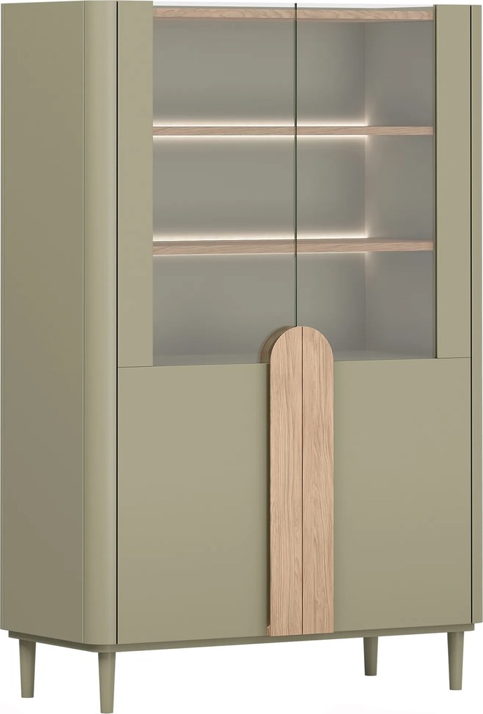 Vitrină Amilio 100 cm pe picioare - eucalipt / stejar baltic dune / mânere stejar natural