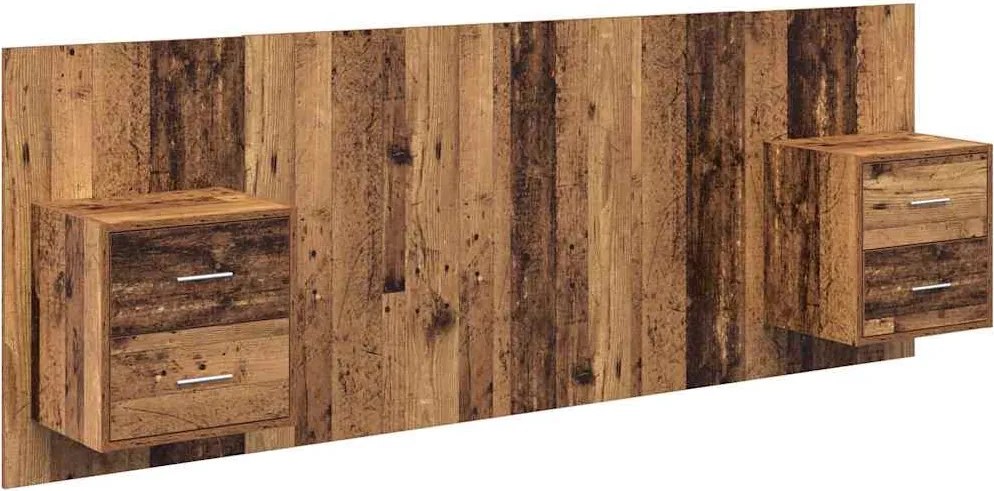 vidaXL Tăblie cu Noptieră cu sertar 3 pcs Lemn Vechi Lemn compozit