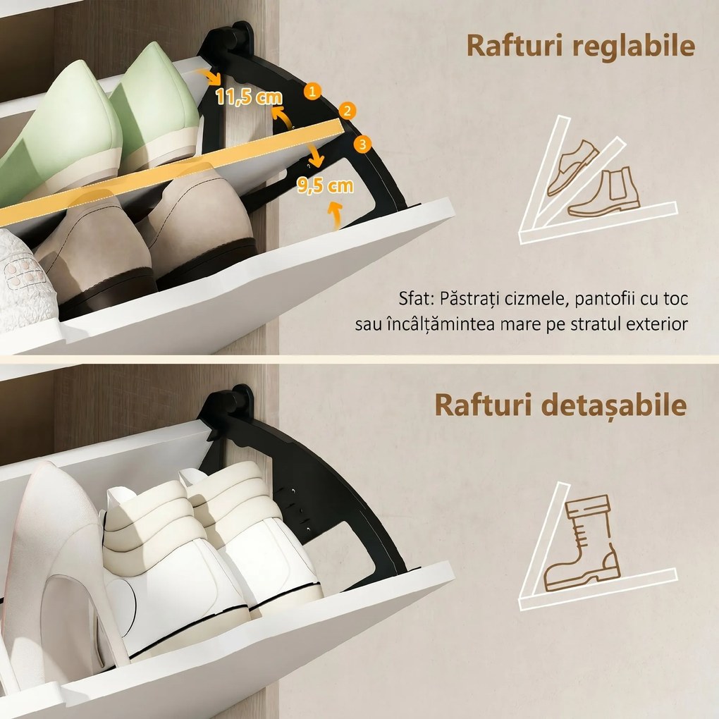 HOMCOM Dulap Subțire pentru Pantofi cu 4 Sertare pentru 16 de Perechi de Pantofi 62.5x26x156 cm, Culoare Lemn și Alb | Aosom Romania