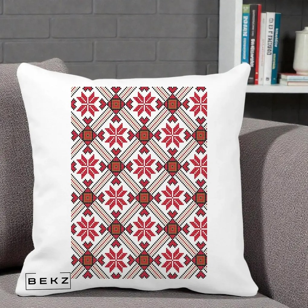 Perna Personalizata Motiv Traditional Ie Romaneasca Rosu, 40x40 cm, Alba Mata, Husa Detasabila, Perna Inclusa, BEKZ®