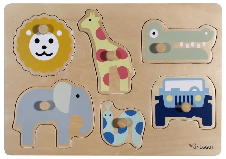 Puzzle (număr de piese 6) de inserat din lemn Safari – Kindsgut