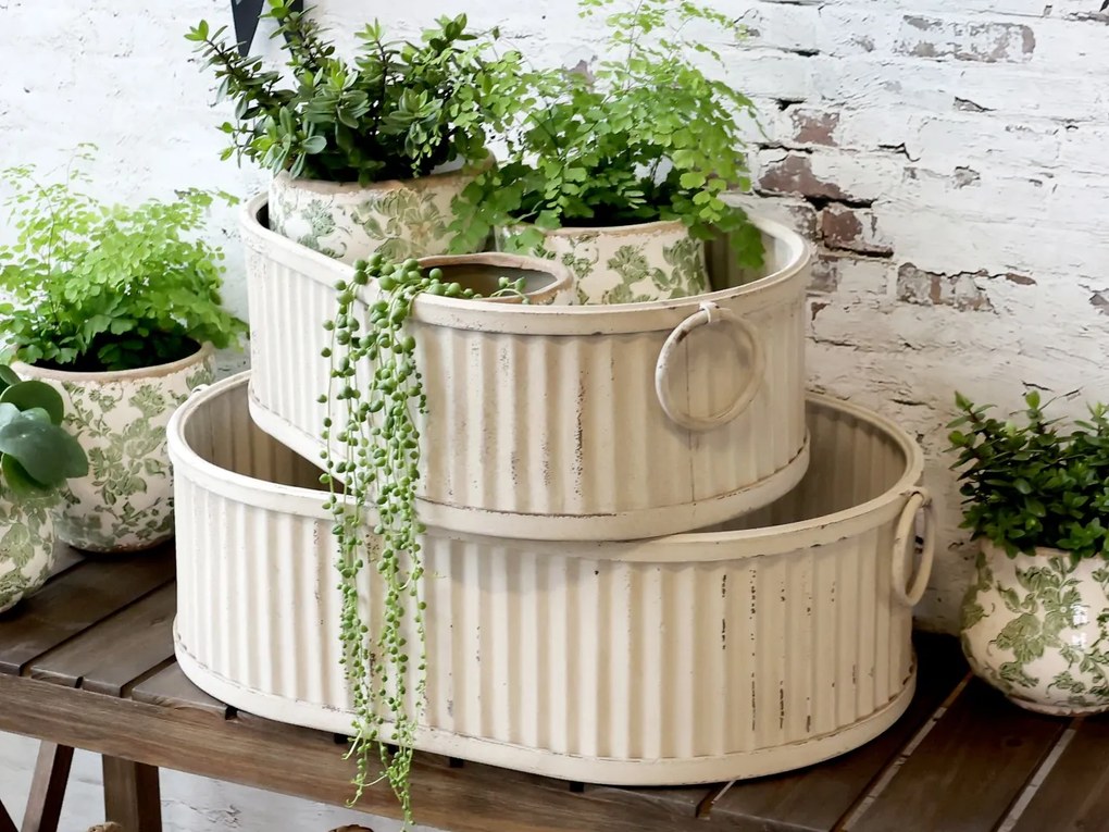Set 2 cutii decorative vintage cu striații și mânere, finisaj crem antichizat, Élise