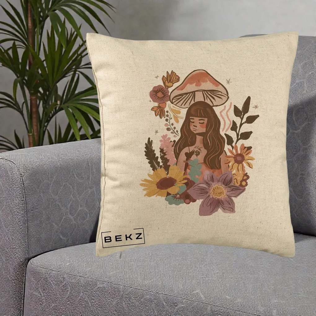 Perna Decorativa Fata Ciuperca Boho Florala, 40x40 cm, Bej, Husa Detasabila, Perna Inclusa, BEKZ®