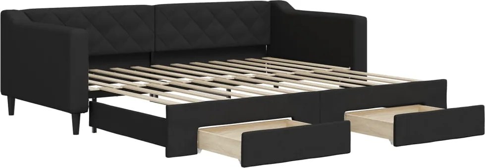 vidaXL Pat de zi cu extensie și sertare, negru, 90x200 cm, textil