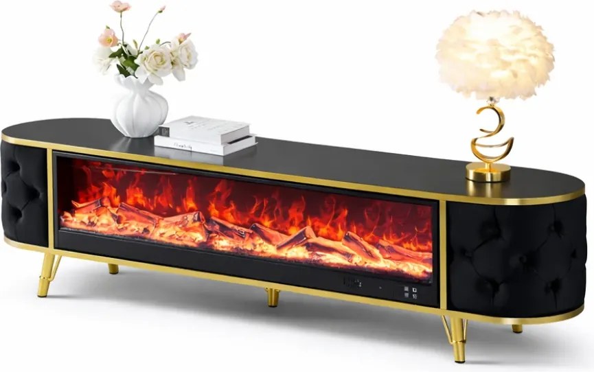 Șemineu electric cu efect LED realist cu 12 culori, Comodă TV cu design oval, control vocal și telecomandă, fără încălzire, 180 cm, Negru