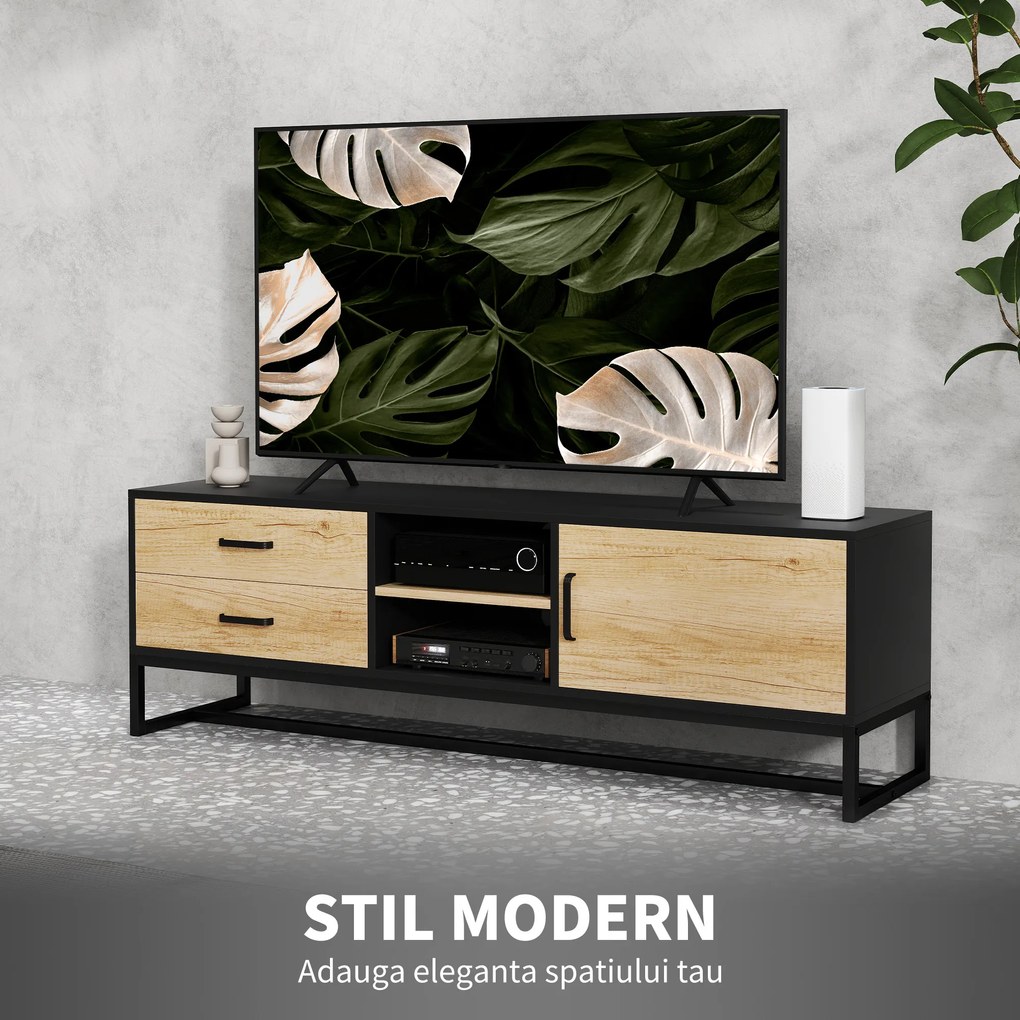 HOMCOM Mobilier pentru TV de 60" cu Dulăpior, 2 Sertare și Rafturi Deschise Reglabile, 140x35x45 cm, Lemn Natural | Aosom Romania