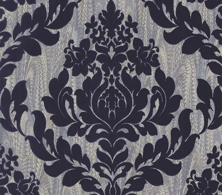 Tapet Faversham, Navy Blue Luxury Flock, 1838 Wallcoverings, 5.3mp / rola