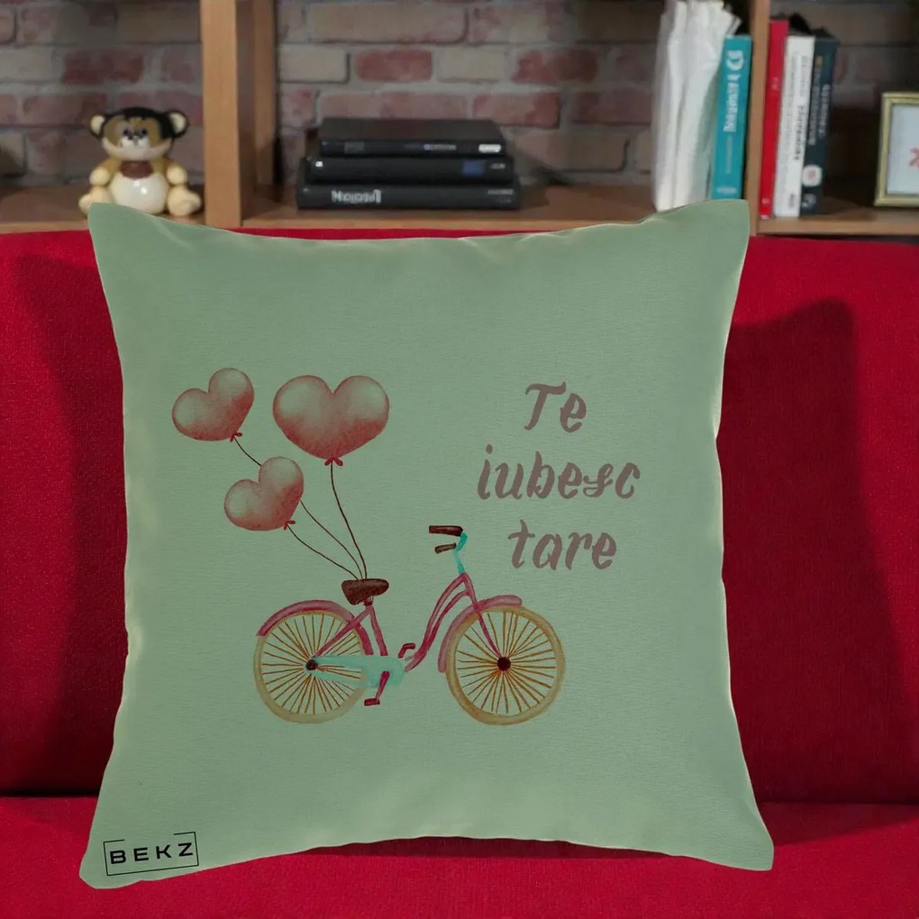 Perna Decorativa Te Iubesc Tare cu Bicicleta Roz si Baloane Inima, 40x40 cm, Verde, Husa Detasabila, Perna Inclusa, BEKZ®