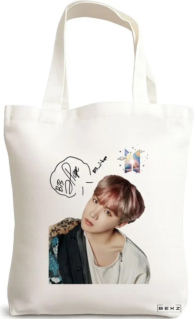 Sacosa de Panza pentru Cumparaturi, Geanta Tote, model BTS J-Hope 2, 38x34.5 cm, Alba, BEKZ®