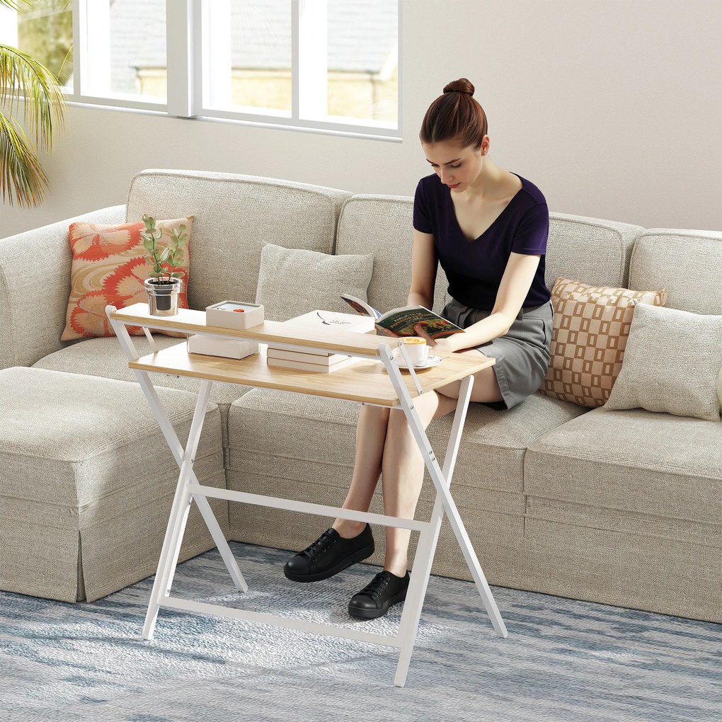 Birou HOMCOM pliant compact, suport monitor, lemn natural | Aosom Romania