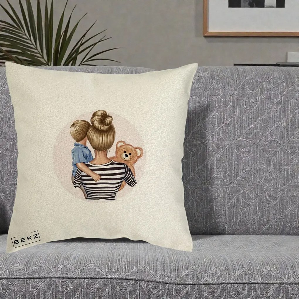 Cadou pentru Mama - Perna Personalizata Mama si Baietelul cu Ursulet, 40x40 cm, Ecru, Husa Detasabila, Perna Inclusa, BEKZ®