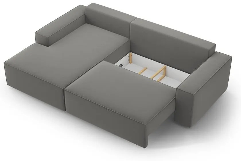 Colțar gri deschis extensibil/cu spațiu de depozitare cu tapițerie din catifea (cu colț pe partea stângă /cu șezlong) Jodie – Micadoni