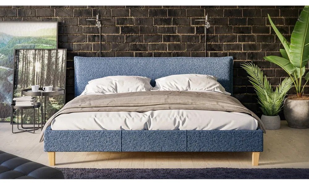 Pat matrimonial albastru cu tăblie și somieră 180x200 cm Tina – Ropez