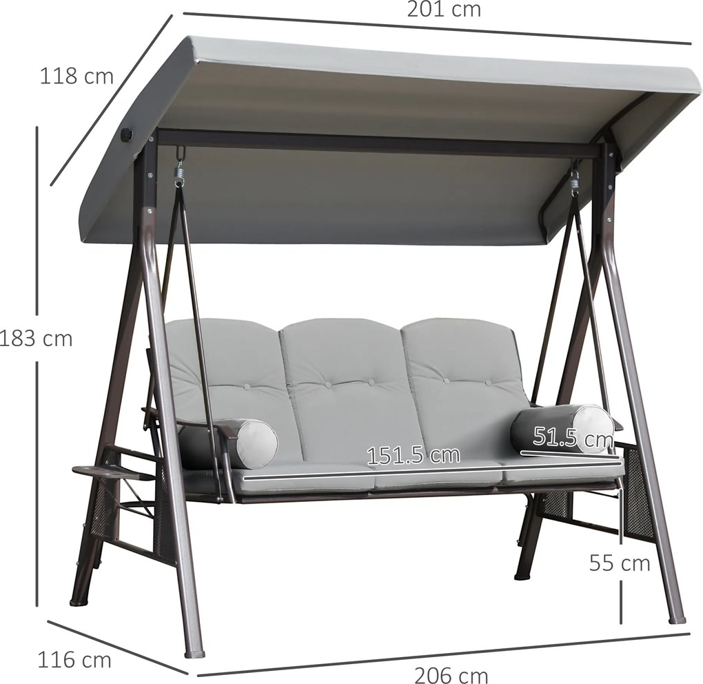 Outsunny Balansoar pentru 3 Persoane cu Acoperiș Reglabil și Suporturi Laterale, Gri Deschis | Aosom Romania