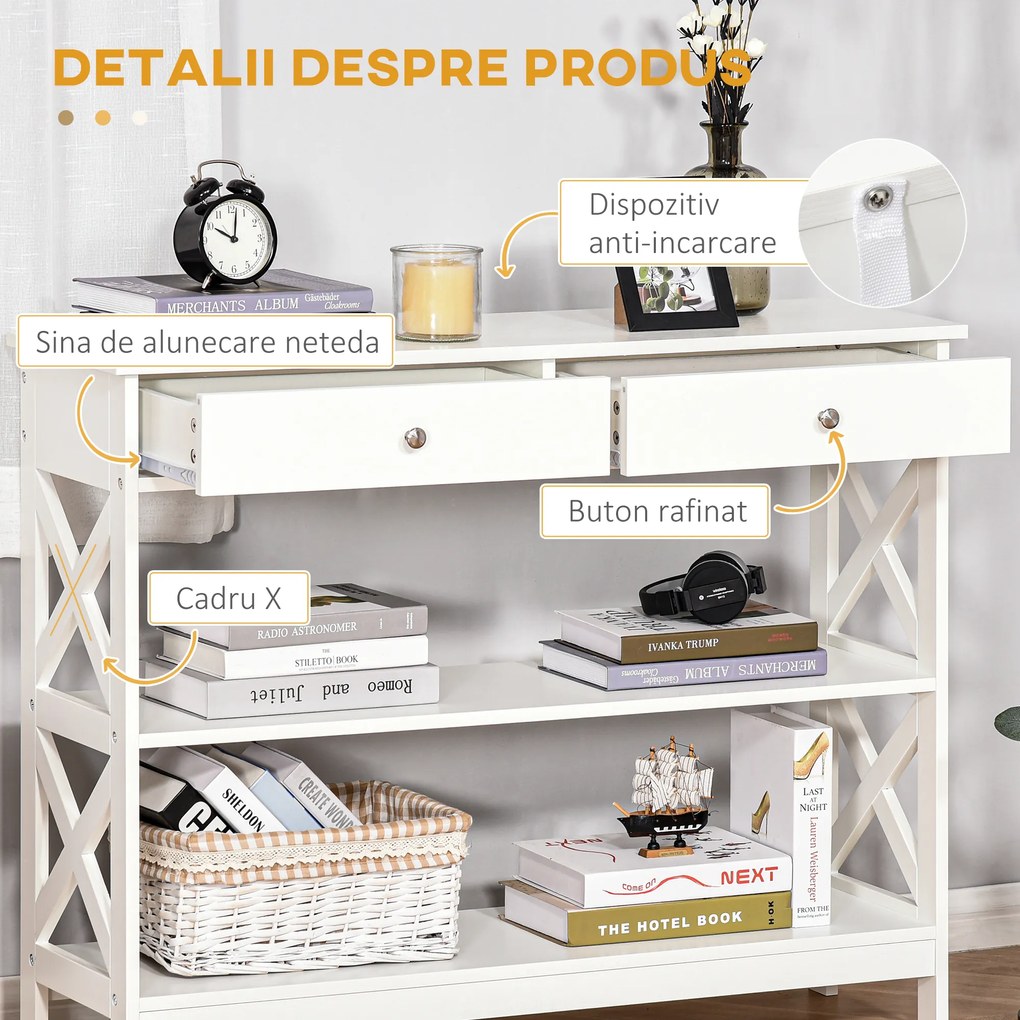 HOMCOM Consolă, cu 2 Sertare și Rafturi Reglabile, Design Modern, Structură Solidă cu Sistem Anti-Răsturnare, 100x30.5x80 cm, Albă | Aosom Romania