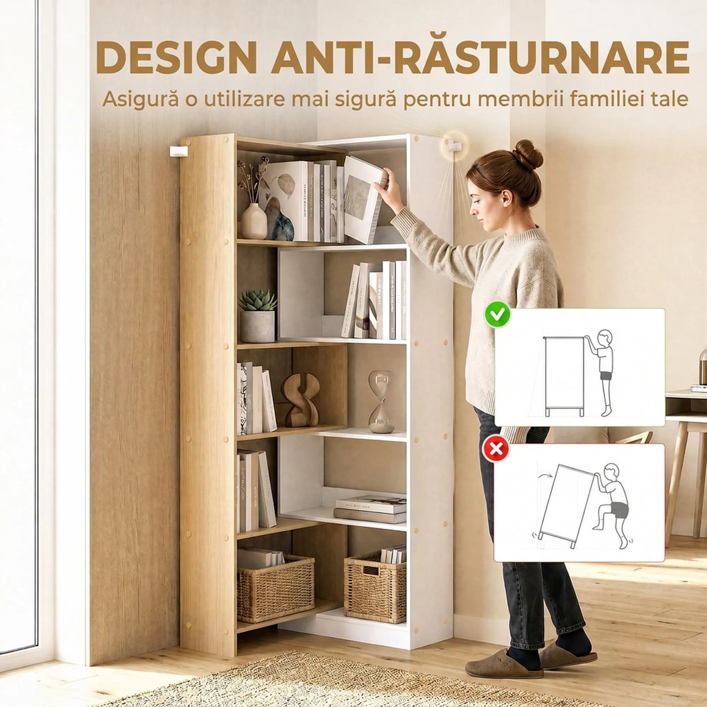 HOMCOM Bibliotecă de Colț cu 5 Polițe, Design Rotativ 350°, Lemn/Alb | Aosom Romania