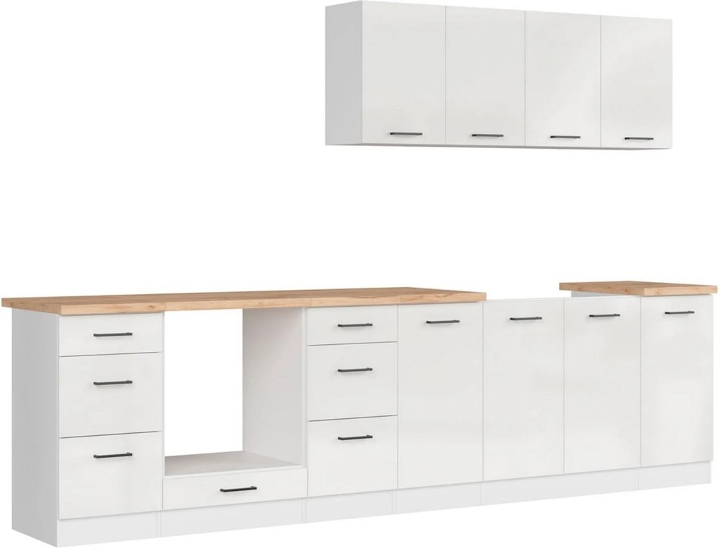 Set bucatarie JUNONA LINE, alb lucios, PAL, 300 cm, cu blat stejar art