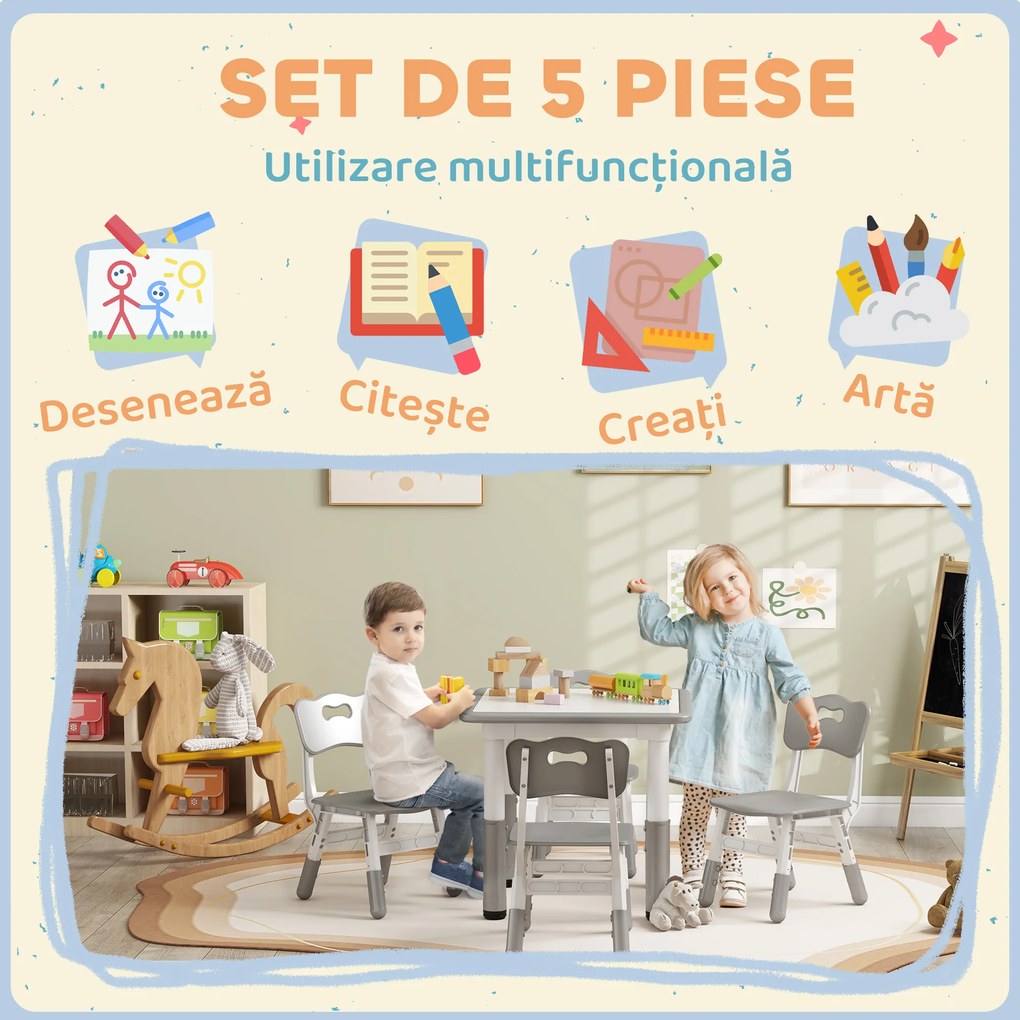 AIYAPLAY Set Masă și Scaune pentru copii 18-60 Luni cu Înălțime Reglabilă și Tablă de Scris, 60x60x46-58 cm, Gri | Aosom Romania