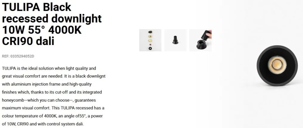 Spot LED incastrabil TULIPA Black recessed downlight 10W 55° 4000K CRI90 dali