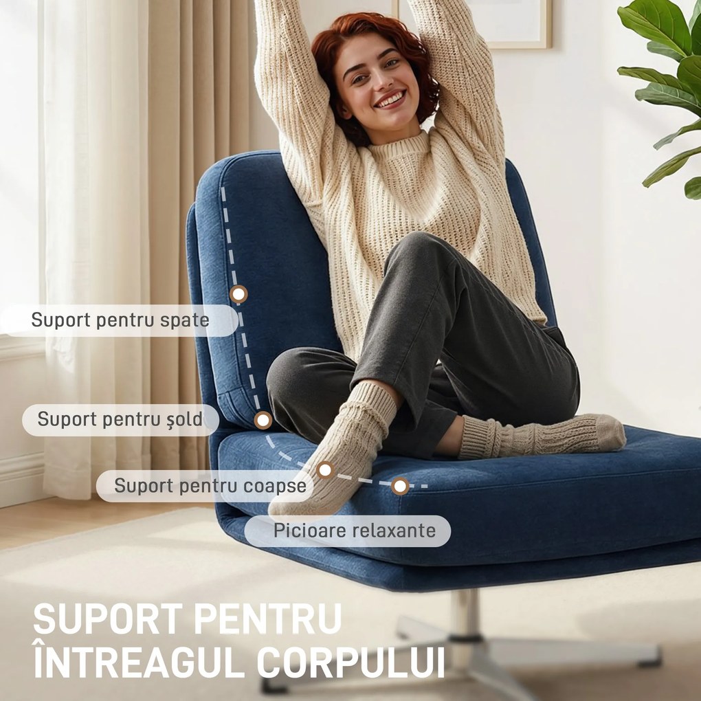HOMCOM Fotoliu de Living Pivotant Îmbrăcat în Chenilă cu Șezut Lat, Fotoliu Modern pentru Dormitor cu Picioare Metalice, Albastru Închis | Aosom Romania