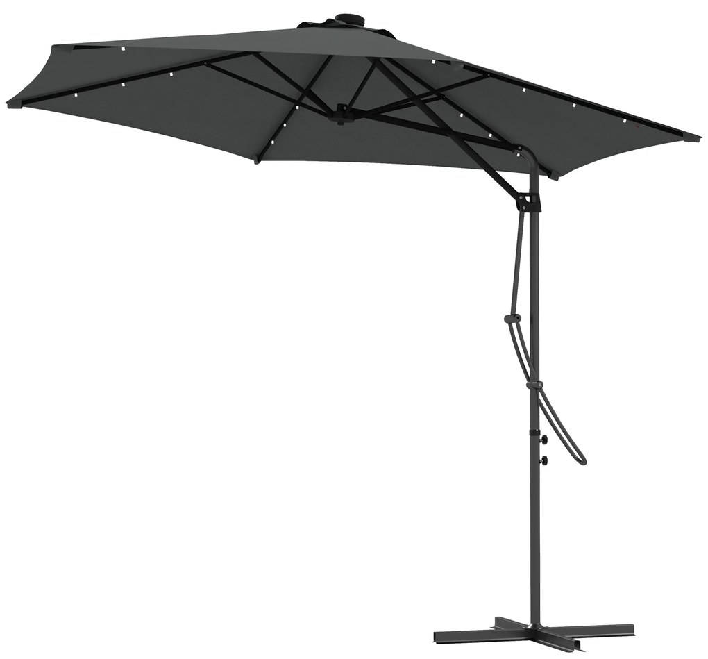 Outsunny Umbrelă Excentrică de 3 m cu Lumini LED cu Manivelă și Bază în Cruce pentru Exterior Patio Terasă Gri Închis | Aosom Romania