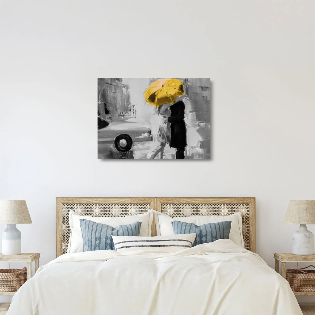 Tablou pe sticlă - Cuplu în dragoste sub o umbrelă, galben (70x50 cm)