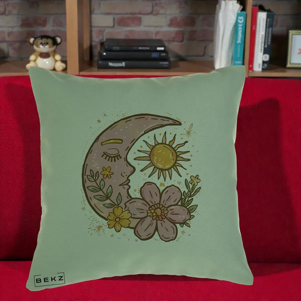 Perna Personalizata Luna si Soare Floral Boho, 40x40 cm, Verde, Husa Detasabila, Perna Inclusa, BEKZ®