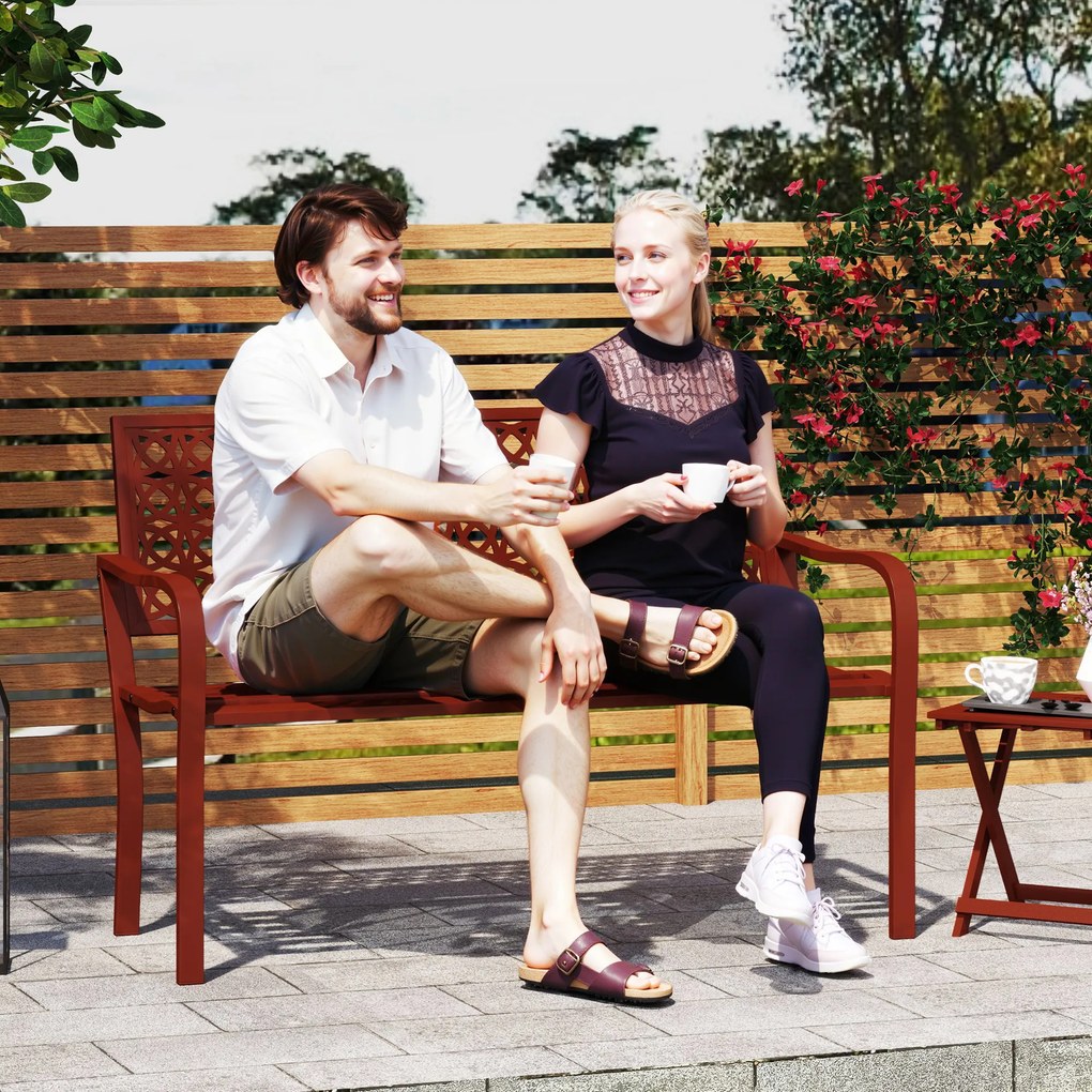 Outsunny Bancă exterioară, bancă de grădină din oțel, spătar decupat, cotiere, pentru 2 persoane, Roșu | Aosom Romania