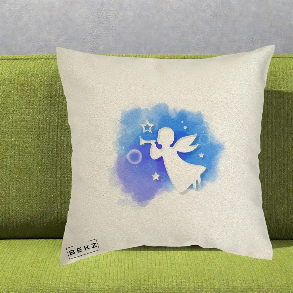 Perna Decorativa Inger cu Trompeta Albastru, 40x40 cm, Ecru, Husa Detasabila, Perna Inclusa, BEKZ®