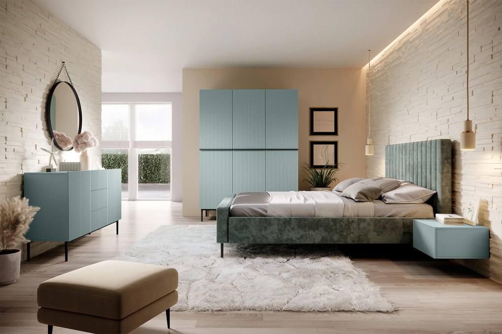 Comodă Nicole 150 cm cu trei sertare - MDF salvie / picioare negre