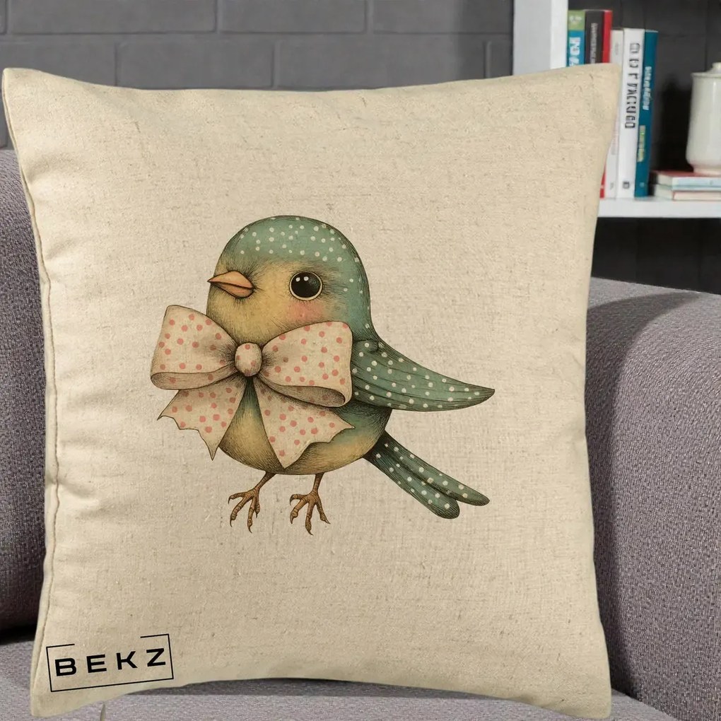 Perna Decorativa Pasare Teal cu Fundita cu Buline, 40x40 cm, Bej, Husa Detasabila, Perna Inclusa, BEKZ®