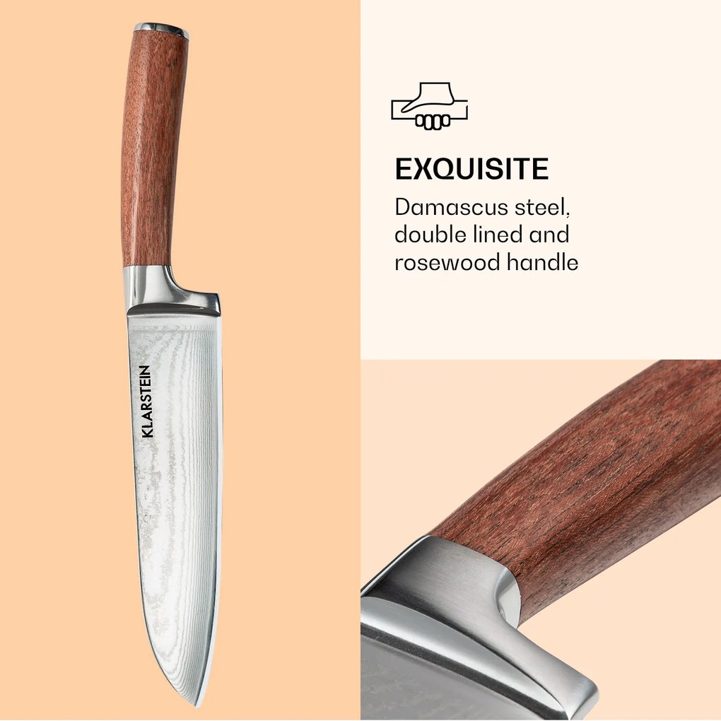 Kishiko, set de cuțite, oțel de damasc, 3 bucăți, foarte ascuțite, mânere din lemn de trandafir