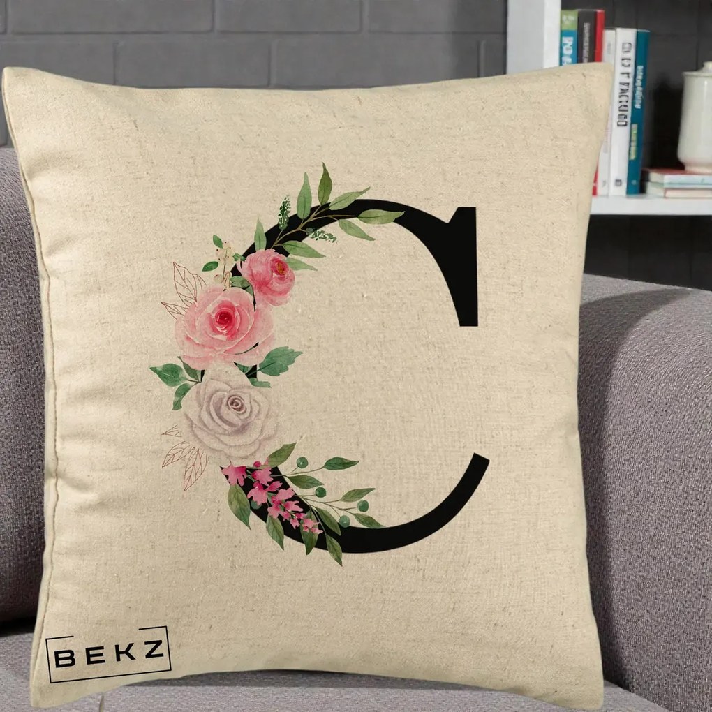 Cadou Personalizat - Perna Personalizata Monograma Florala Litera C, 40x40 cm, Bej, Husa Detasabila, Perna Inclusa, BEKZ®