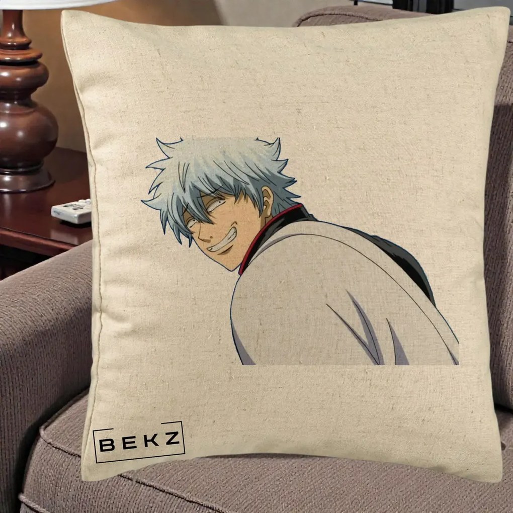 Perna Personalizata Gintama Gintoki Portret cu Zambet, 40x40 cm, Bej, Husa Detasabila, Perna Inclusa, BEKZ®