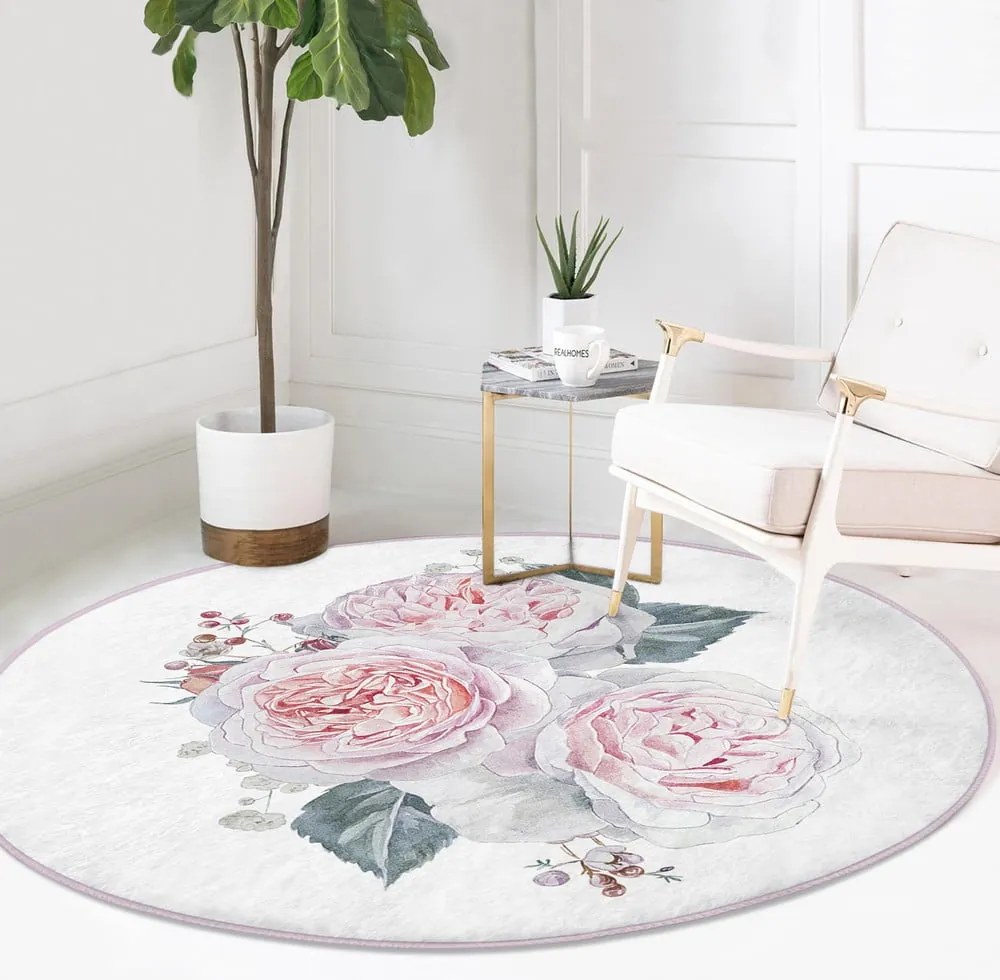 Covor rotund alb-roz lavabil adecvat și pentru aspiratoare robot ø 80 cm Comfort – Mila Home