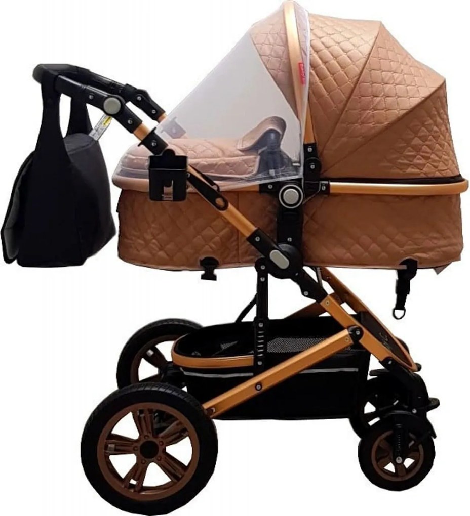 Carucior nou nascuti 3 in 1 Baby Care™ PRO 530, Cu geanta bebe, Cadru Aluminiu Gold, Amortizoare, Roti din cauciuc plin AVE, Landou, Scoica auto,