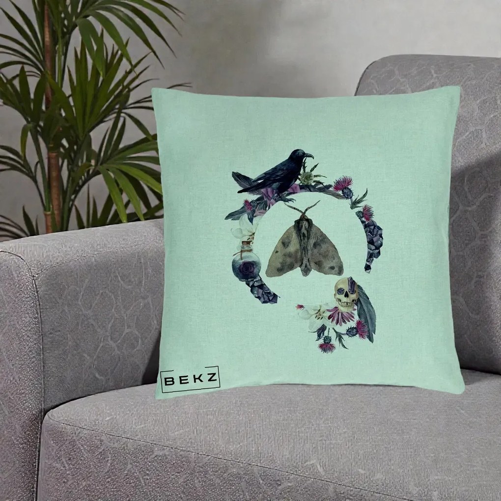 Perna Decorativa Gothic Wreath Corb Moliu Craniu, 40x40 cm, Verde Menta, Husa Detasabila, Perna Inclusa, BEKZ®