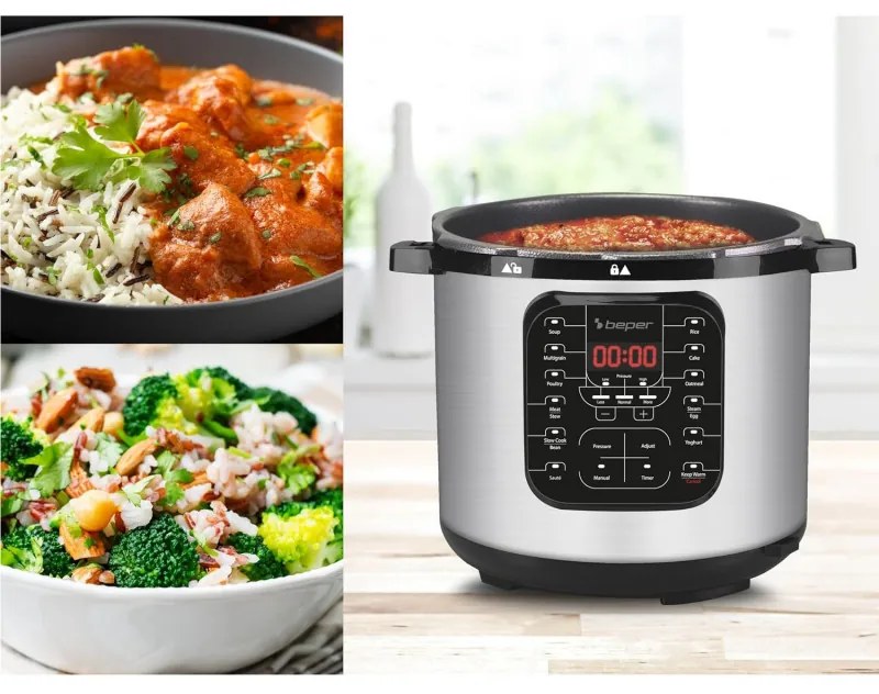 Multicooker sub presiune Beper P101COS001, 1200W, 6 L, 15 programe, Timer, Inox/Negru