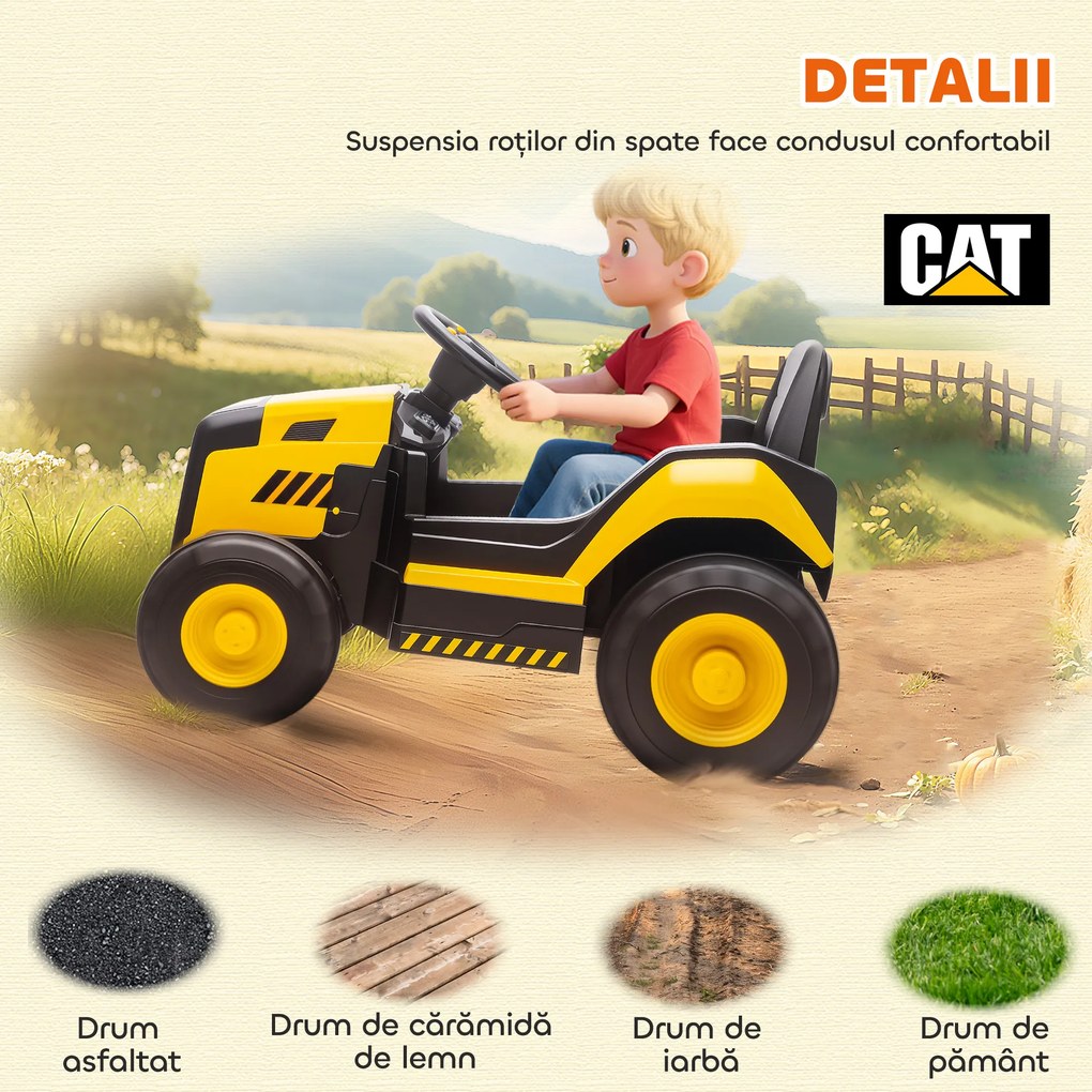 AIYAPLAY Mașină Electrică pentru Copii 3-6 Ani, Licențiată Oficial de CAT, 12V, Control Manual și cu Telecomandă, Galben | Aosom Romania