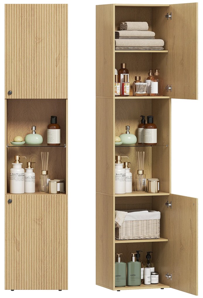 HOMCOM Dulap înalt pentru baie, corp coloană de depozitare 6 niveluri 2 uși și rafturi reglabile, 40x31x182cm, stejar | Aosom Romania