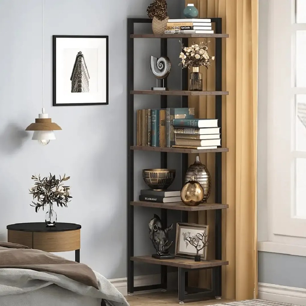 Biblioteca de colt, nuc/negru, 150x50x30 cm