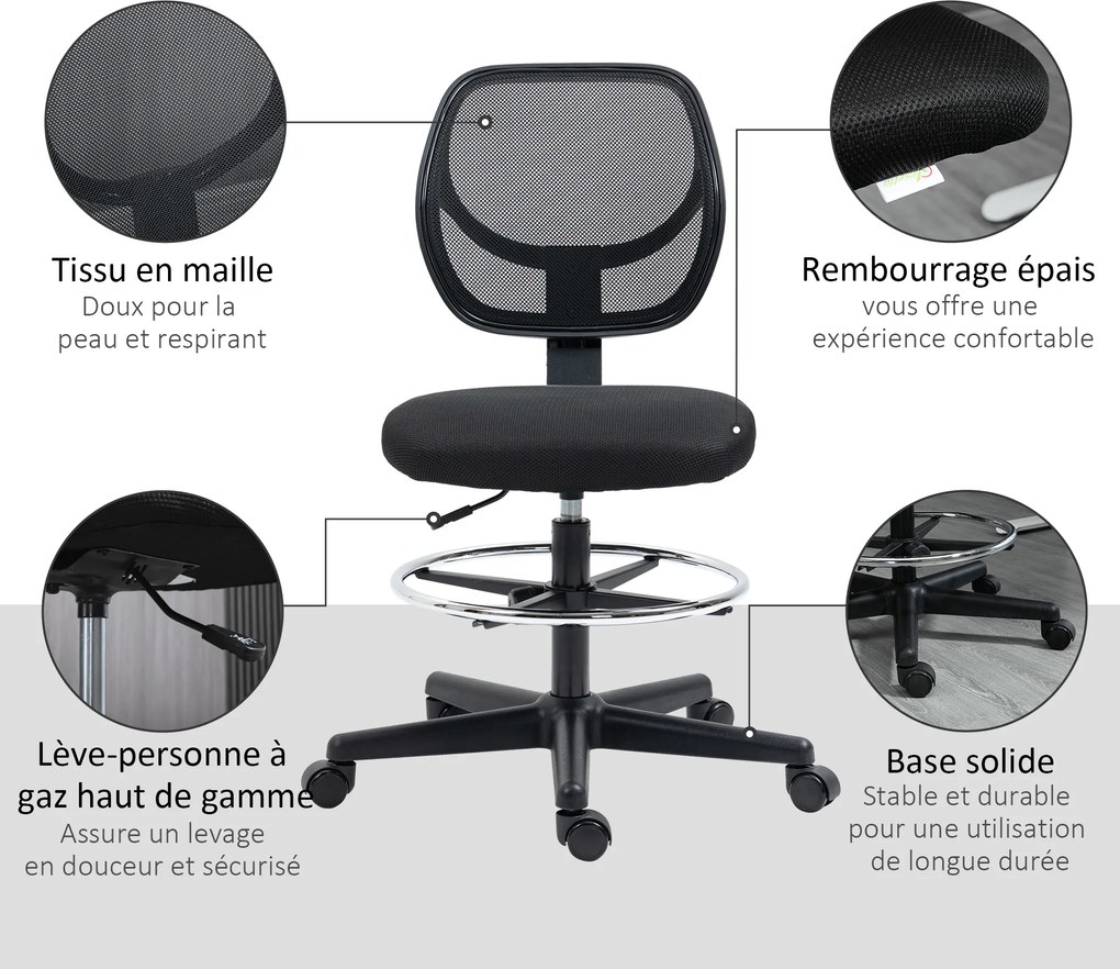 Vinsetto Scaun de birou înalt din plasă cu înălțime reglabilă 50-70 cm cu suport de picior pivotant la 360° negru | Aosom Romania