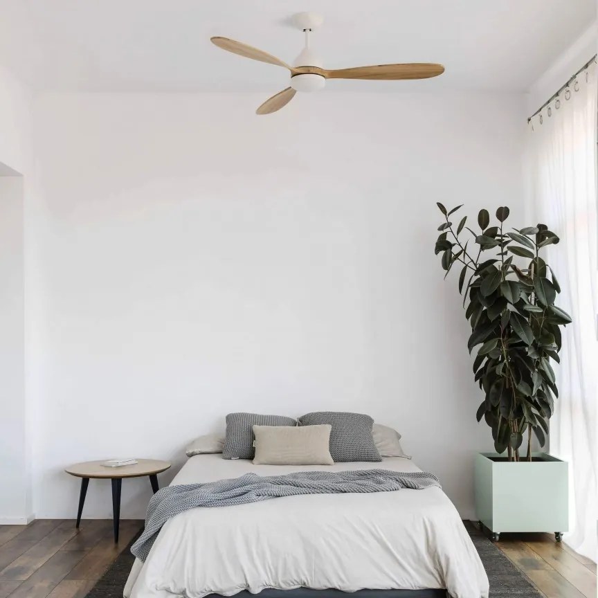 Lustra LED cu Ventilator si telecomanda design modern POROS alb/lemn