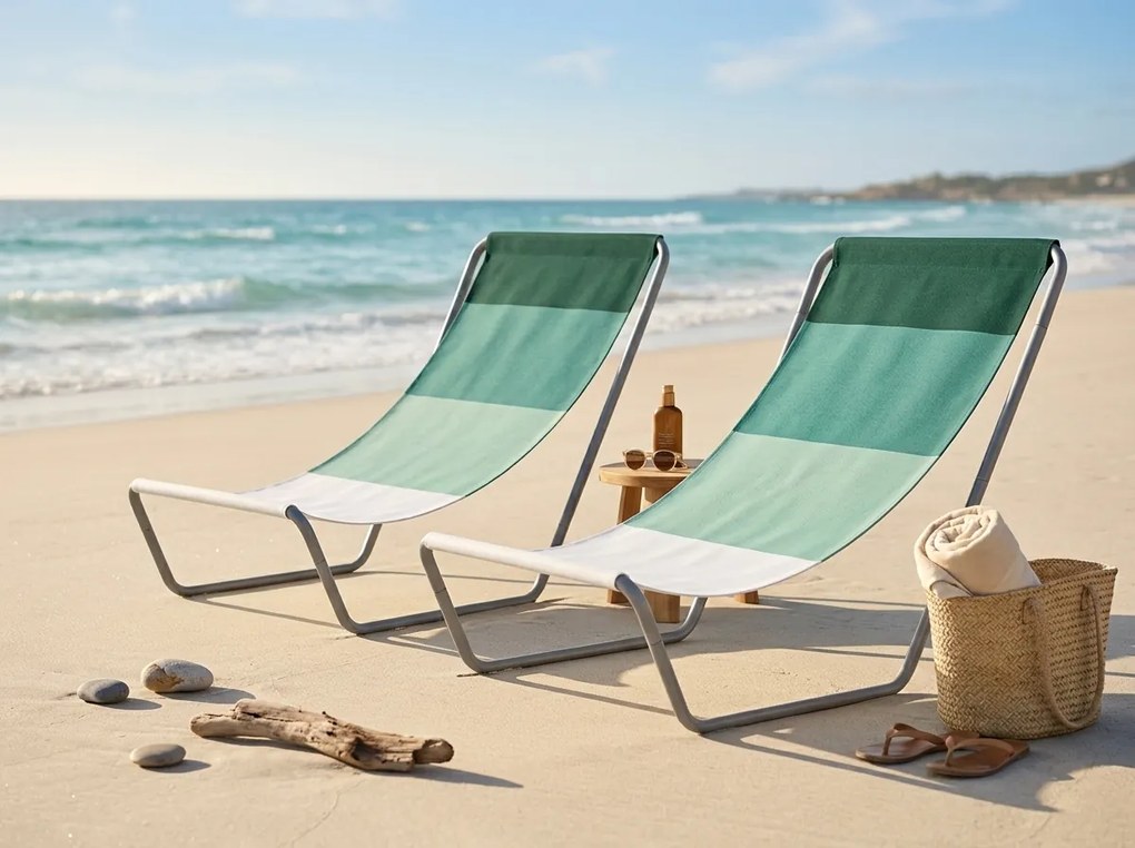 Set de 2 sezlonguri pliante pentru plaja SAND, dungi verzi